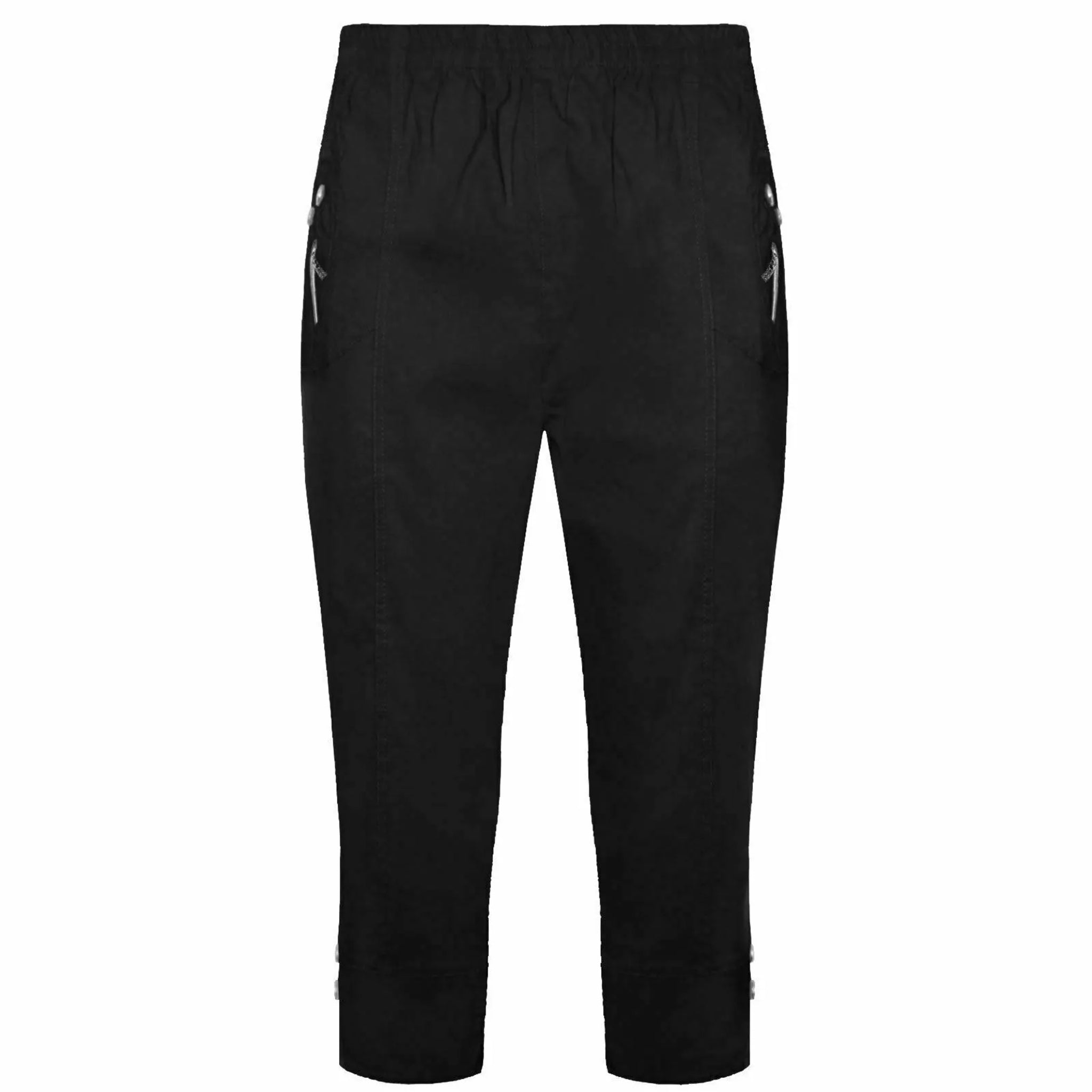 Ladies black 3/4 cropped trousers with zip pocket and button detail summer fashion